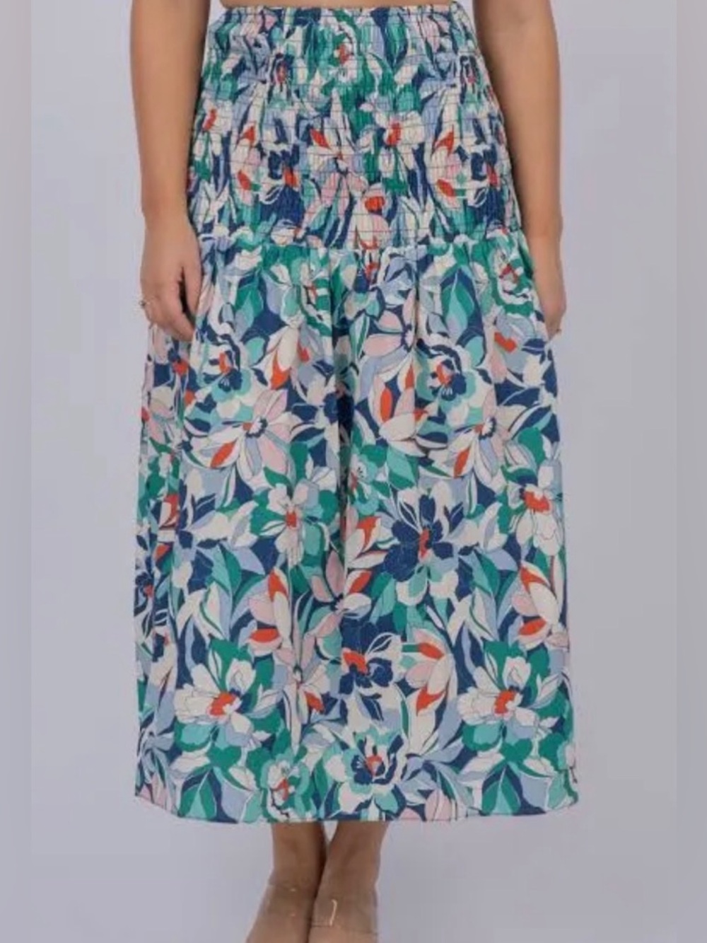 Smocked Floral Midi Skirt - Green Multi